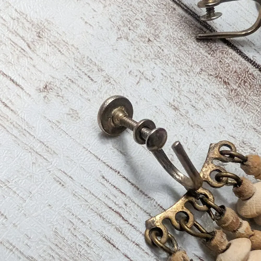 Vintage Screw Back Earrings Multi Stand Tan Dangle Long Statement